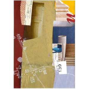 Image of an abstract artwork created with mixed techniques including collage, acrylic and drawing. Main colours are deep red and mustard, it is influeced by architecture and the playfulness of assembly.