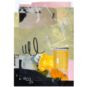 Image of an abstract artwork by Valentina Gonzalez created with mixed techniques including collage, acrylic and drawing. Influeced by architecture and the playfulness of assembly.