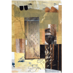 Image of an abstract artwork created with mixed techniques including collage, acrylic and drawing. Main colours are brown and earthy colours. Influeced by architecture.
