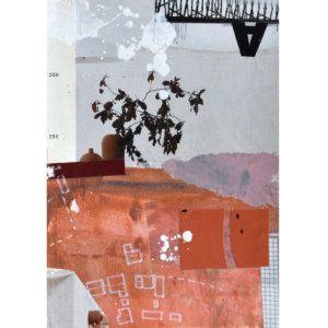 Abstract collage artwork by Valentina Gonzalez created with mixed techniques including collage, acrylic and drawing. Perfect art for your gallery wall including warm tones and fine details in white. It is influeced by architecture and minimalism.