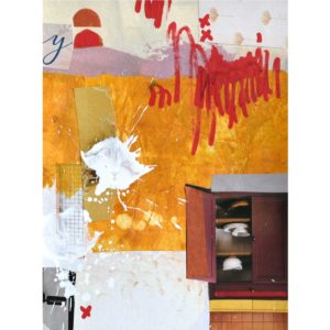 Abstract collage artwork by Valentina Gonzalez created with mixed techniques including collage, acrylic and drawing. Perfect art for your gallery wall including warm tones and fine details in white. It is influeced by architecture and minimalism.