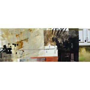 Image of an abstract artwork created with mixed techniques including collage, acrylic and drawing. Main colours are deep red and mustard, it is influeced by architecture and the playfulness of assembly.