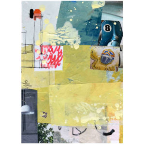 Image of an abstract artwork created with mixed techniques including collage, acrylic and drawing. Main colours are yellow and blue, it is influeced by architecture and the playfulness of assembly.